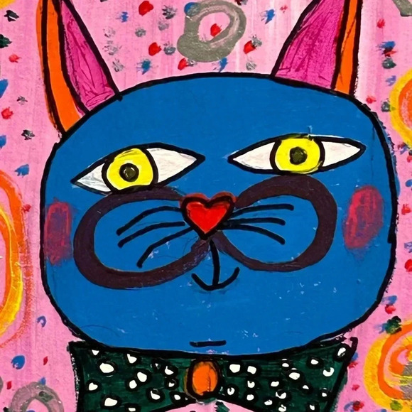 Cat Painting On Wood Nursery Pink Pop Art 9 X 7.5 Whimsical Swirls Dots Fun - Picture 5 of 15